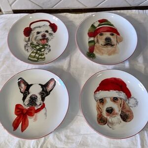 open box Pier 1 Holiday Christmas dogs set of 4 salad plates.